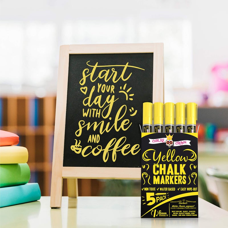 CHALKY CROWN قلم ماركر سائل تشالكي كراون - قلم مسح جاف - أقلام تشالك لعلامات السبورة، النوافذ، السبورة السوداء، الزجاج - طرف قابل للعكس 6 مم (أصفر، 5 عبوات) - Image 2